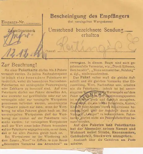 Carte de paquet 1947: pieds par cheveux b. Munich