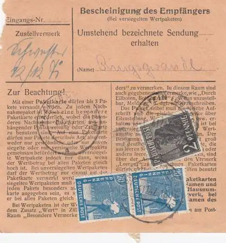 Paketkarte 1947: Traunstein nach Haar b. München