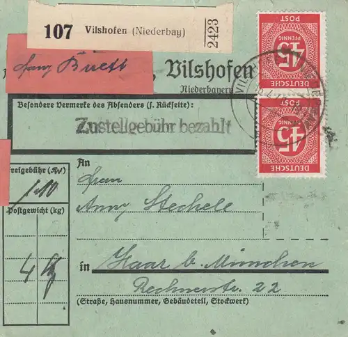 Paketkarte 1948: Vilshofen nach Haar, seltenes Formular, Selbstbucher