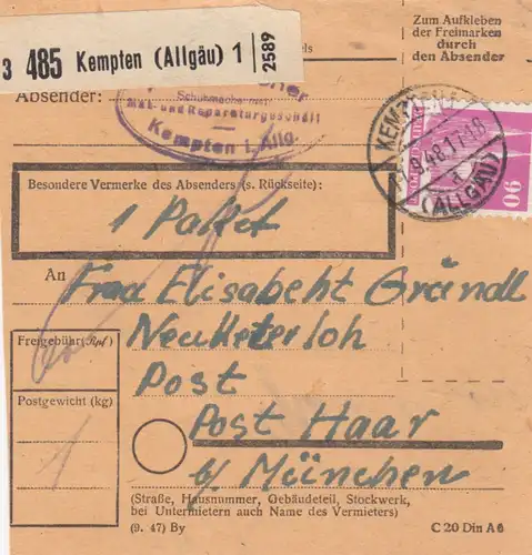 Carte de paquet BiZone 1948: Kempten après Post Haar près de Munich