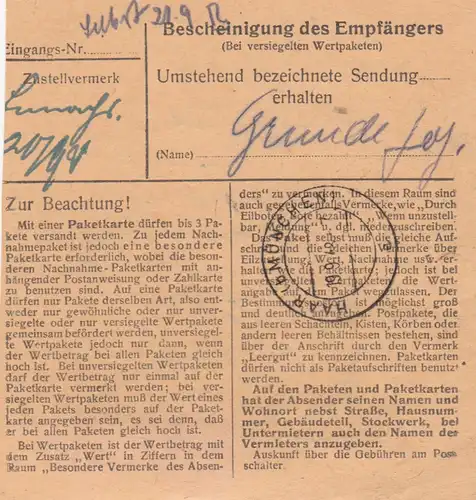 BiZone Paketkarte 1948: Kempten nach Post Haar bei München