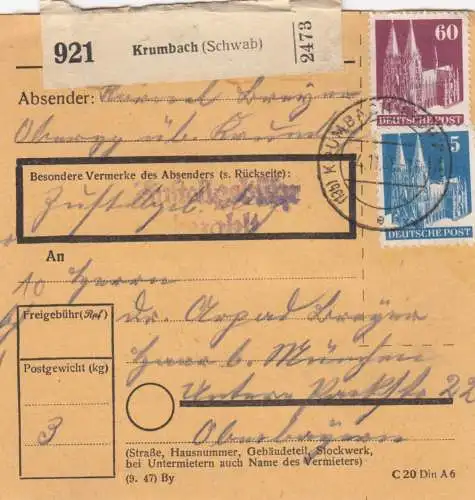 BiZone Paketkarte 1948: Krumbach nach Haar b. München