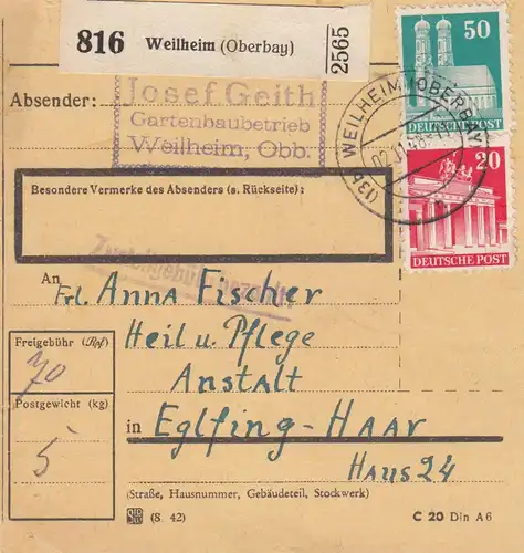 BiZone Paketkarte 1948: Weilheim (Oberbay) nach Eglfing-Haar, Heilanstalt
