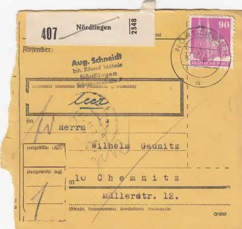 BiZone Paketkarte 1948: Nördlingen nach Chemnitz