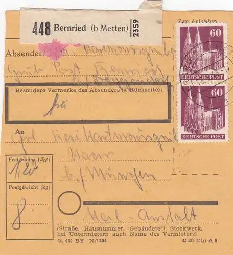 Carte de paquet BiZone 1948: Bernried après Haar près de Munich, Heilanstalt