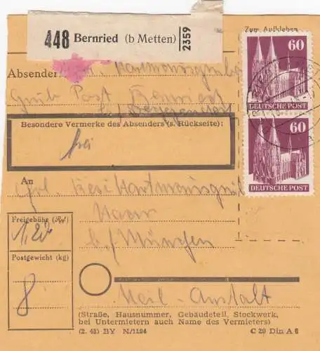 Carte de paquet BiZone 1948: Bernried après Haar près de Munich, Heilanstalt