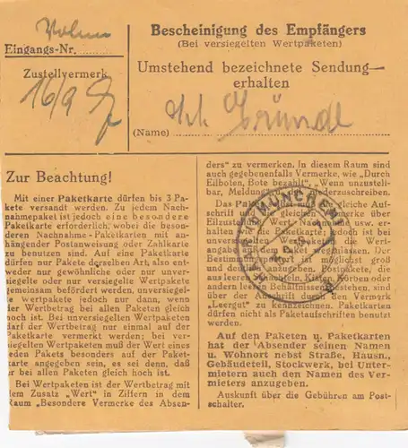 Carte de paquet BiZone 1948: Bernried après Haar près de Munich, Heilanstalt