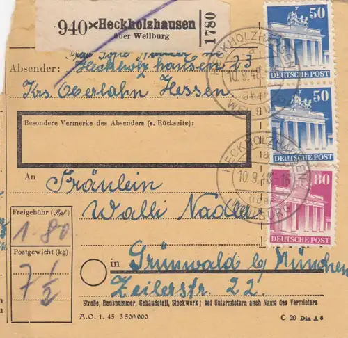 BiZone Paketkarte 1948: Heckholzhausen nach Grünwald