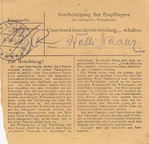 Carte de paquet BiZone 1948: Heckholzhausen vers Grünwald