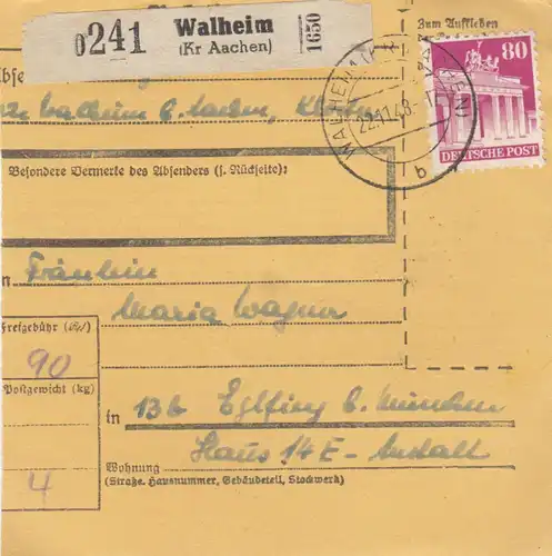 Carte de paquet BiZone 1948: Walheim vers Eglfing b. Munich