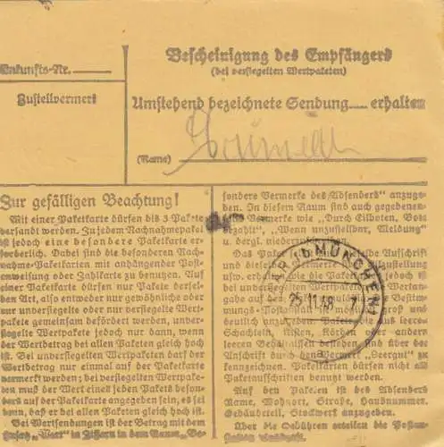 BiZone Paketkarte 1948: Walheim nach Eglfing b. München