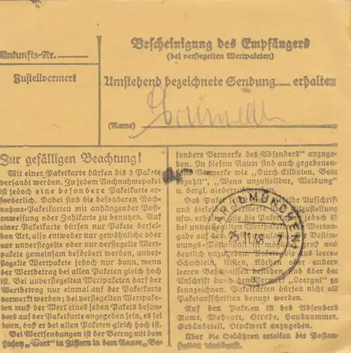 Carte de paquet BiZone 1948: Walheim vers Eglfing b. Munich