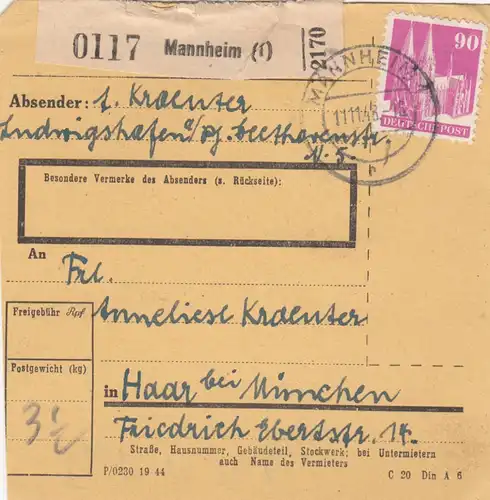 BiZone Paketkarte 1948: Mannheim nach Haar