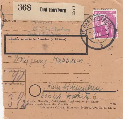 Carte de paquet BiZone 1948: Bad Harzburg après Haar près de Munich