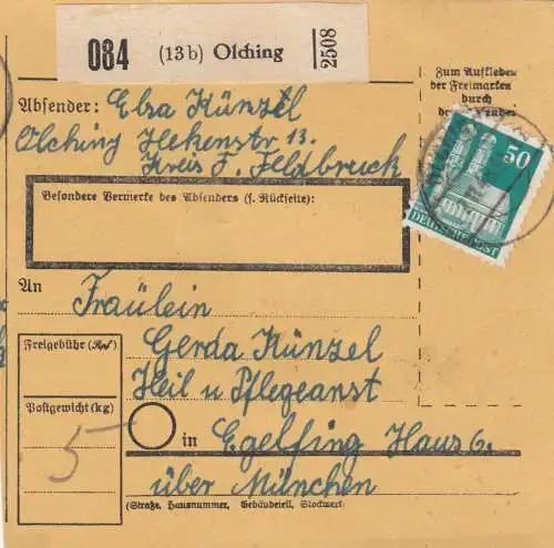 BiZone Paketkarte 1948: Olching nach Eglfing, Heilanstalt
