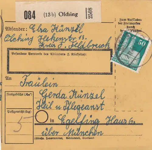 Carte de paquet BiZone 1948: Olching après Eglfing, établissement de soins