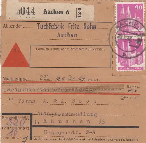 BiZone Paketkarte 1948: Aachen nach München, Nachnahme