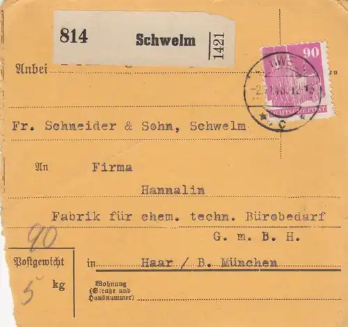 BiZone Paketkarte 1948: Schwelm nach Haar b. München