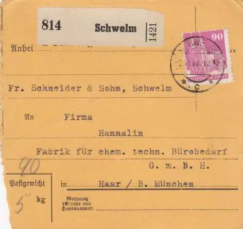 BiZone Paketkarte 1948: Schwelm nach Haar b. München