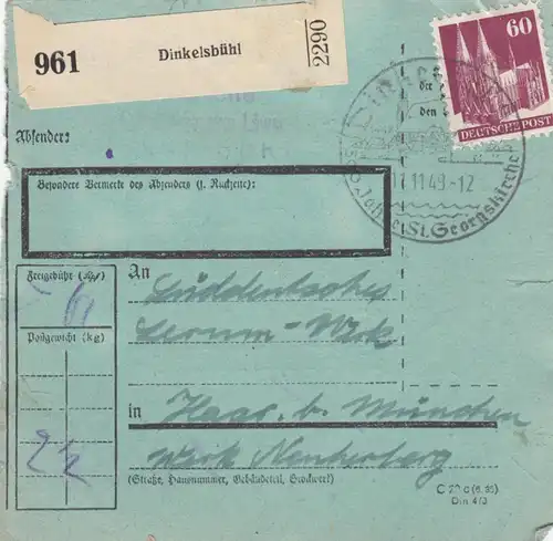 Carte de paquet BiZone 1948: Dinkelsbühl après Haar b. Munich, formulaire rare