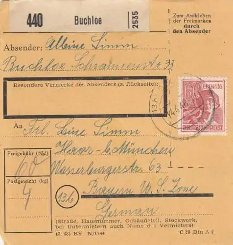 Paketkarte 1948: Buchloe nach Bayern, Haar - US Zone