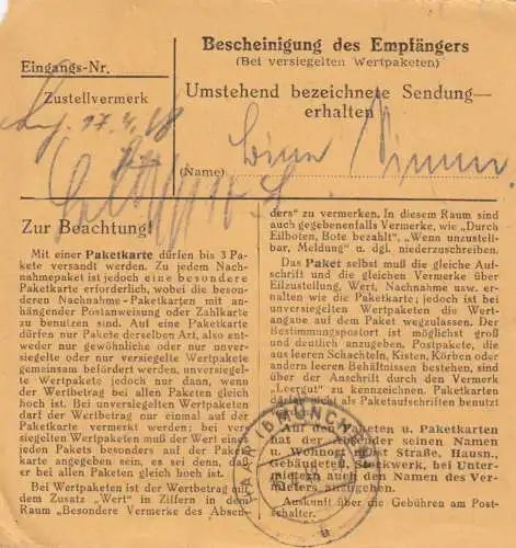 Paketkarte 1948: Buchloe nach Bayern, Haar - US Zone