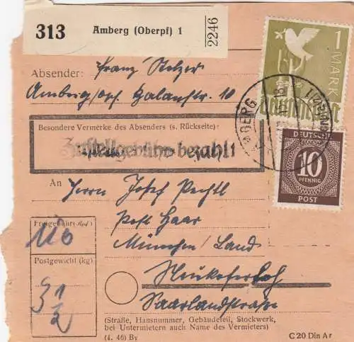 Carte de paquet 1948: Amberg vers Munich, Neukeferloh