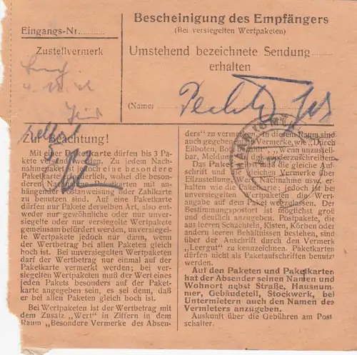 Carte de paquet 1948: Amberg vers Munich, Neukeferloh