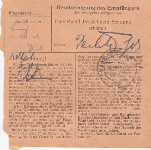 Paketkarte 1948: Amberg nach München, Neukeferloh