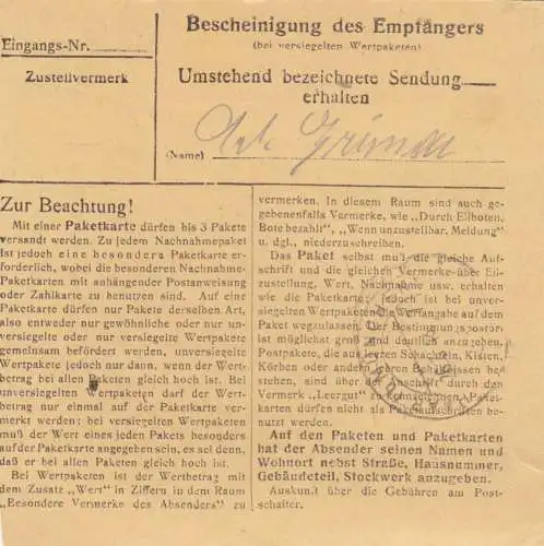 Paketkarte 1948: Schwabach nach Eglfing, Pflegerin