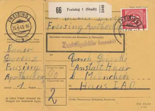 Paketkarte 1948: Freising nach München, Anstalt Haar