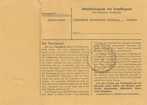 Paketkarte 1948: Freising nach München, Anstalt Haar