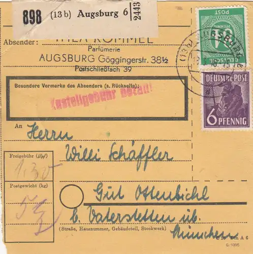Paketkarte 1948: Augsburg nach Gut Ottendich bei Vaterstetten