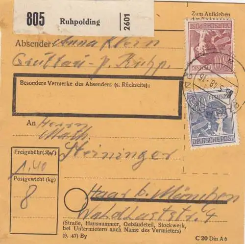 Paketkarte 1948: Ruhpolding nach Haar bei München