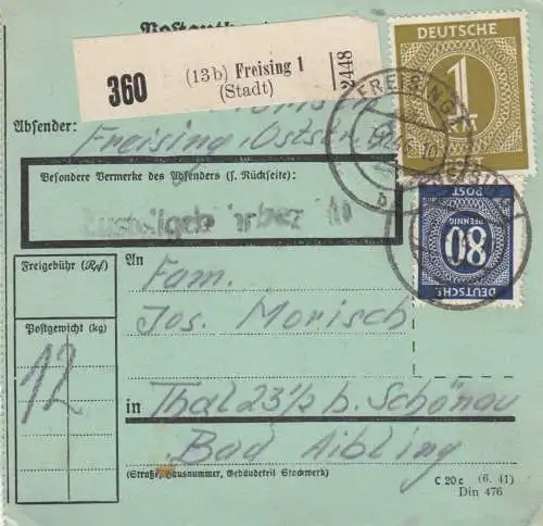 Paketkarte 1946: Freising nach Thal b. Schönau, seltenes Formular