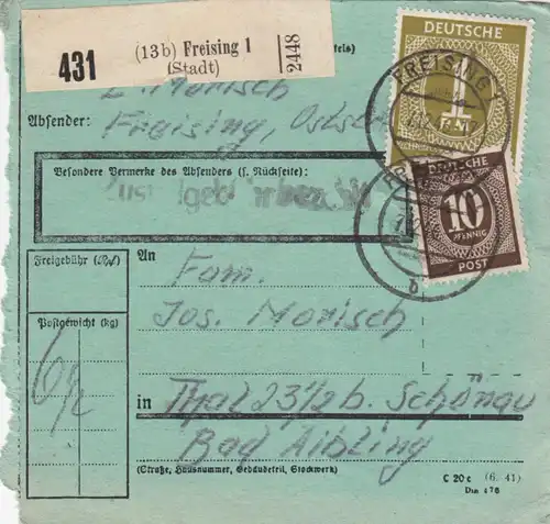 Paketkarte 1946: Freising nach Thal/Bad Aibling, seltenes Formular