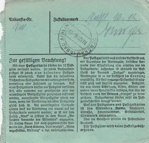 Paketkarte 1946: Freising nach Thal/Bad Aibling, seltenes Formular