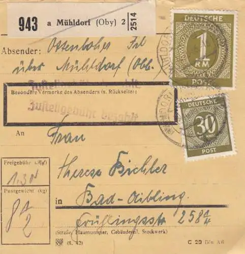 Carte de paquet 1946: Mühldorf vers Bad Aibling
