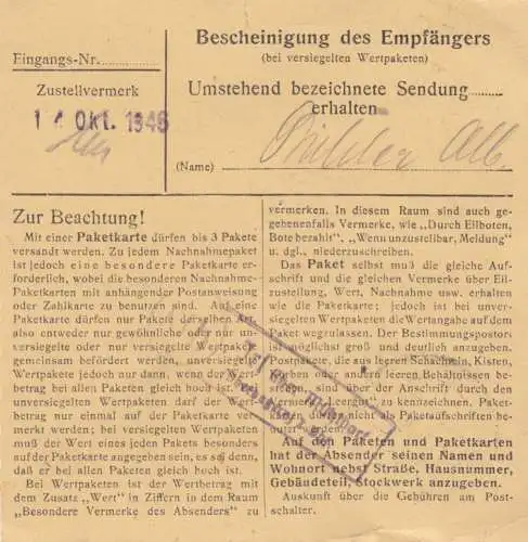 Paketkarte 1946: Mühldorf nach Bad Aibling