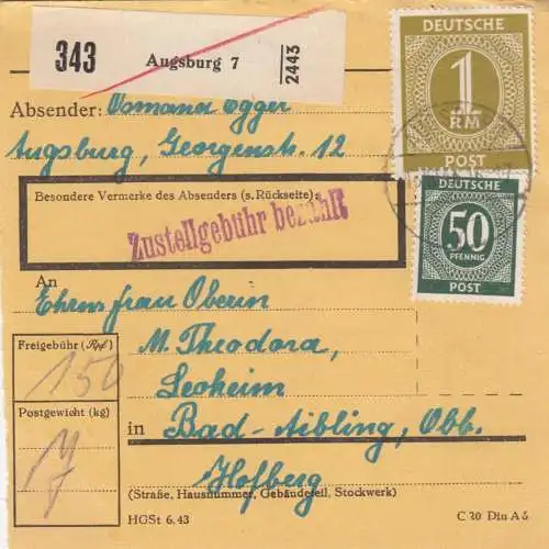 Paketkarte 1946: Augsburg nach Bad-Aibling, Hofberg