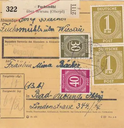Paketkarte 1946: Fuchsmühl nach Bad Aibling