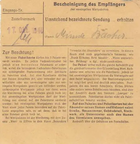 Paketkarte 1946: Fuchsmühl nach Bad Aibling