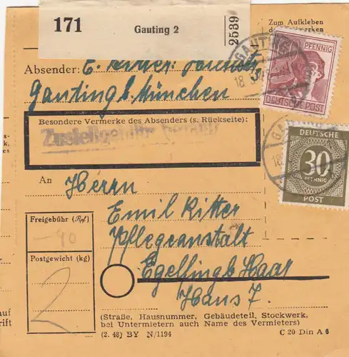 Paketkarte 1948: Gauting nach Eglfing Haar, Pflegeanstalt
