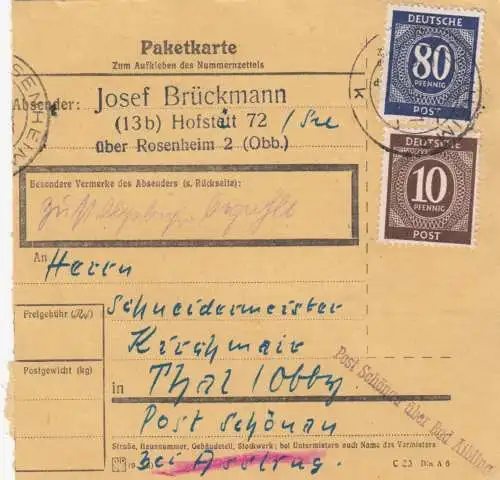 Paketkarte 1948: Hofstatt über Rosenheim nach Thal