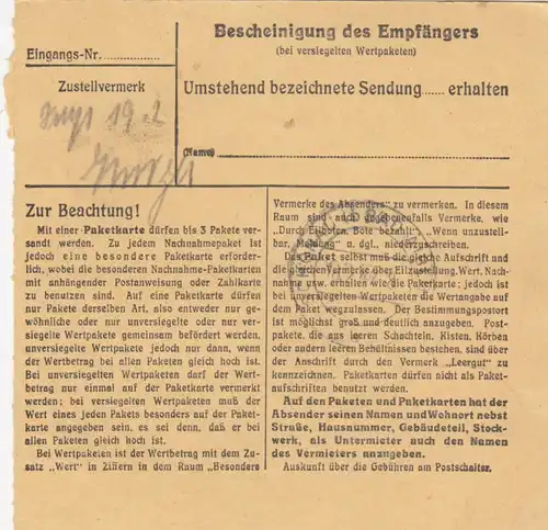Carte de paquet 1948: Hofstatt par Rosenheim vers Thal