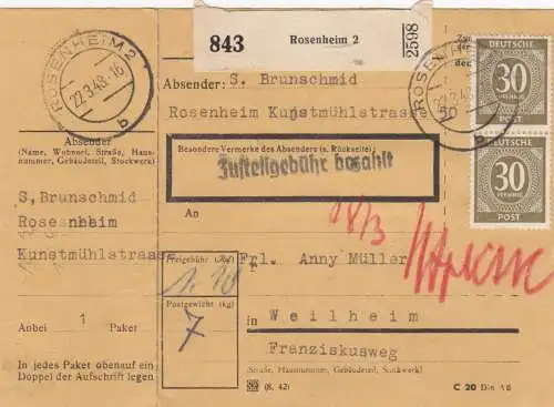 Paketkarte 1948: Rosenheim nach Weilheim