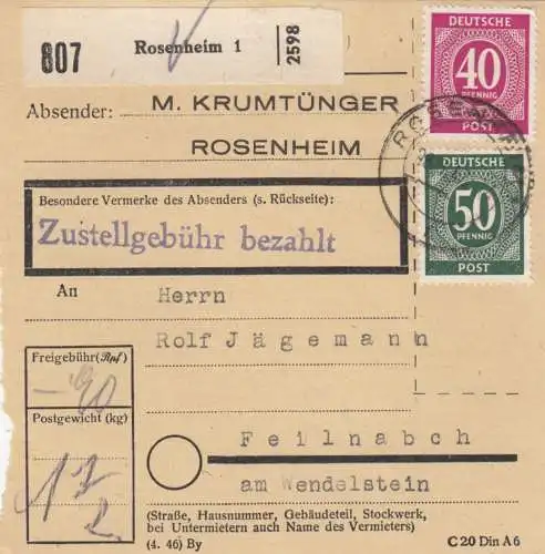 Carte de paquet 1947: Rosenheim 1 vers Feilnbach