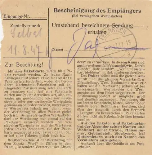 Paketkarte 1947: Rosenheim 1 nach Feilnbach