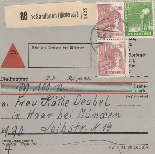 Carte de paquet 1948: Sandbach après Haar près de Munich, formulaire rare