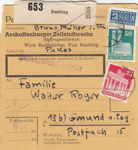 Paketkarte 1948: Raubling nach Gmund a. Teg., Selbstbucherkarte Notopfer